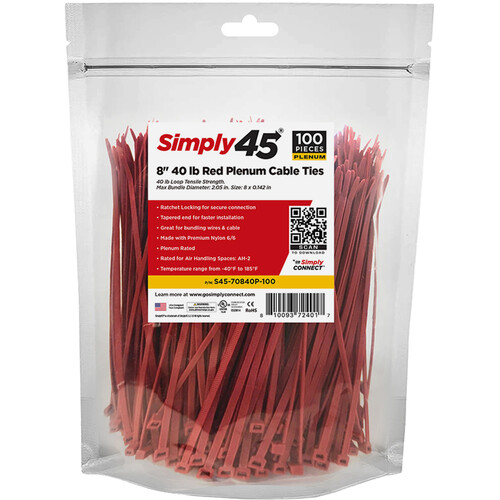 Simply45 8" UV Cable Ties (40 lb, 100-Pack, Red)