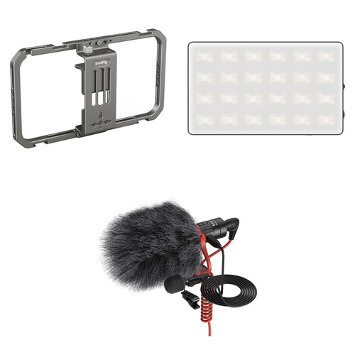 SmallRig Universal Mobile Phone Cage with Compact RGB LED Light and On-Camera Shotgun/Lavalier Microphone Kit