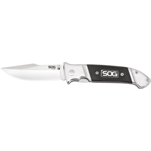 SOG Fielder Clip Point Folding Knife (Satin Finish, Black and Silver Handle, Clamshell Packaging)