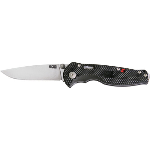 SOG Flash I Drop Point, Straight-Edge Folding Knife (Satin Finish, Black Handle)