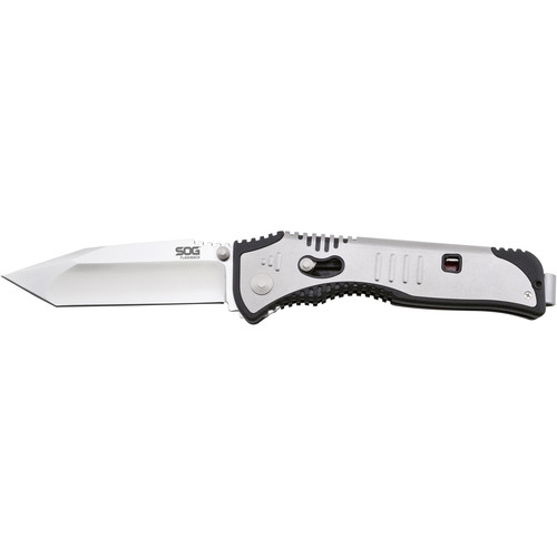 SOG Flashback Tanto Point Folding Knife (Satin Finish, Black and Sliver Handle, Clamshell Packaging)