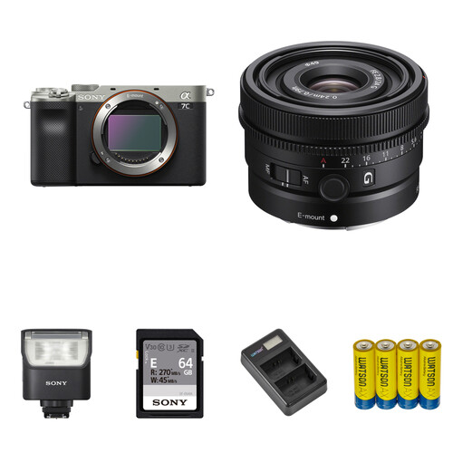 Sony a7C Mirrorless Camera with 24mm f/2.8 Lens and Portraiture Flash Kit (Silver)