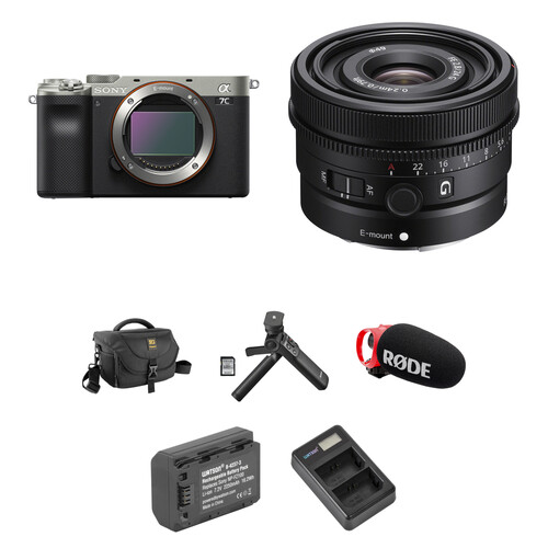 Sony a7C Mirrorless Camera with 24mm f/2.8 Lens and Content Creation Kit (Silver)