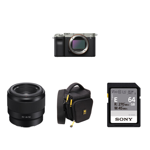 Sony a7C Mirrorless Camera with 50mm f/1.8 Lens and Accessories Kit (Silver)