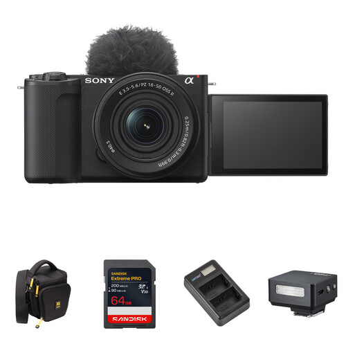 Sony ZV-E10 II Mirrorless Camera with 16-50mm f/3.5-5.6 Lens and Mini Flash Kit (Black)