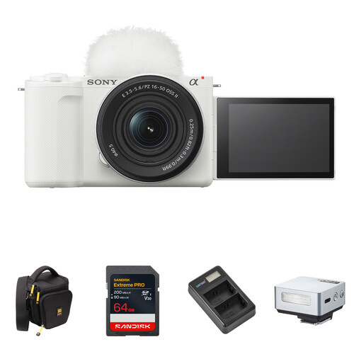 Sony ZV-E10 II Mirrorless Camera with 16-50mm f/3.5-5.6 Lens and Mini Flash Kit (White)