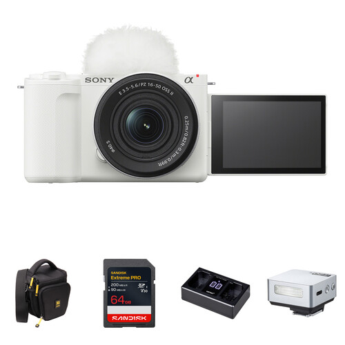 Sony ZV-E10 II Mirrorless Camera with 16-50mm f/3.5-5.6 Lens and Mini Flash Kit (White)