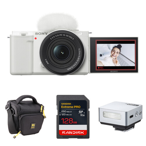 Sony ZV-E10 Mirrorless Camera with 16-50mm f/3.5-5.6 II Lens and Mini Flash Kit (White)