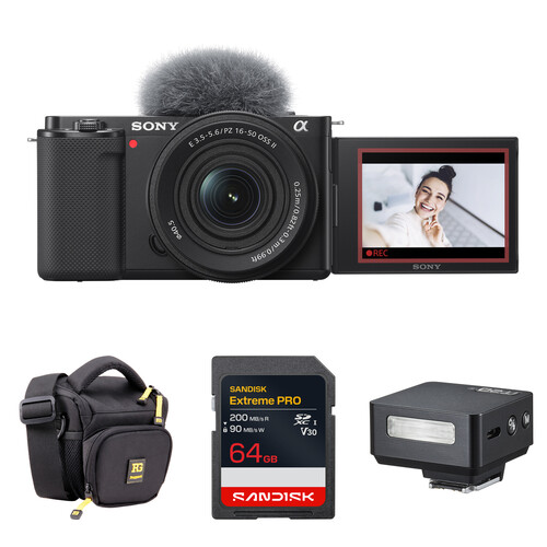 Sony ZV-E10 Mirrorless Camera with 16-50mm f/3.5-5.6 II Lens and Mini Flash Kit (Black)