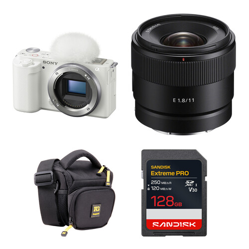 Sony ZV-E10 Mirrorless Camera with 11mm f/1.8 Lens and Basic Bundle (White)