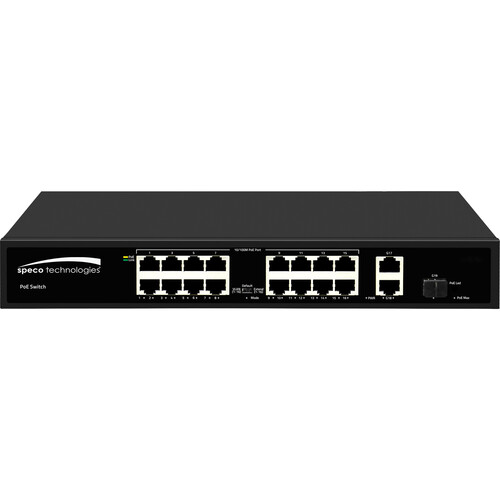 Speco Technologies P16S182 16-Port 10/100Mb PoE+ Compliant Unmanaged Switch