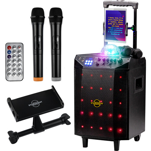 Starument Karaoke Machine and Speaker Battery-Powered with Two Wireless Mics and Built-In Light Show