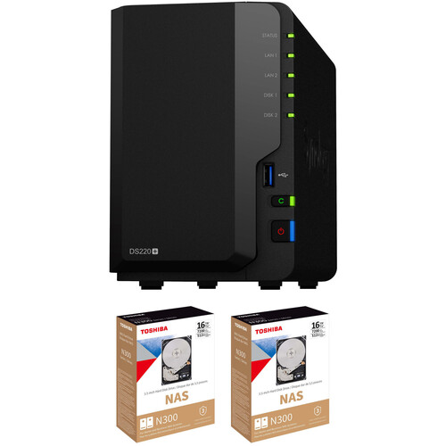 Synology 32TB DiskStation DS220+ 2-Bay NAS Enclosure Kit with Toshiba N300 NAS Drives (2 x 16TB)