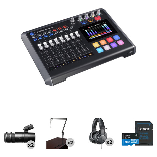 TASCAM Mixcast 2-Person Podcast Kit with Mixer-Recorder, Microphones, Boom Arms, and Headphones