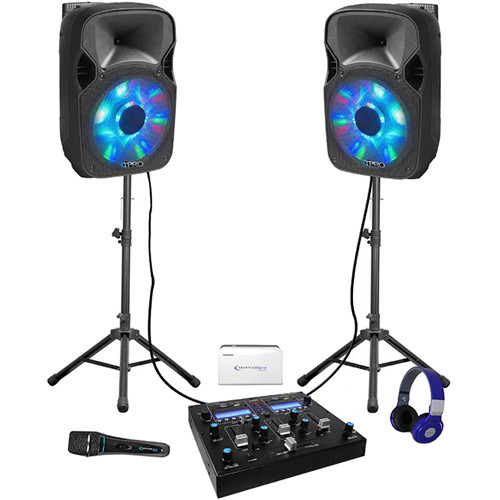 Technical Pro DJPACK-2GO Rechargeable Dual 12" LED DJ Loudspeaker Package with Mixer, Mic and Headphones