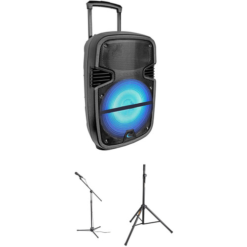 Technical Pro Rechargeable 12" LED Active Loudspeaker Kit with Microphone, Mic Stand, and Speaker Stand