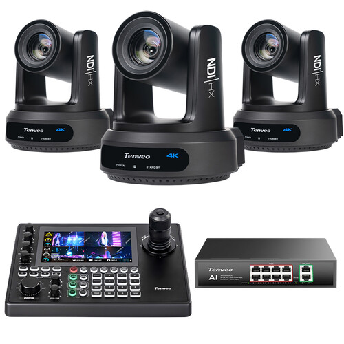 Tenveo All-in-One UHD 4K SDI/HDMI/IP/NDI PTZ 2-Camera Kit with KB500 PTZ Controller & PoE+ Switch