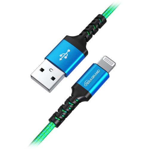 Tera Grand C89 MFi Certified Lightning to USB Sync and Charging Cable (7', Blue/Green)