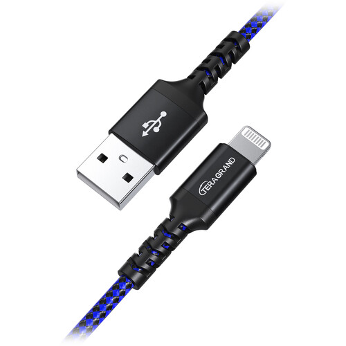 Tera Grand C89 MFi Certified Lightning to USB Sync and Charging Cable (10', Black/Blue)
