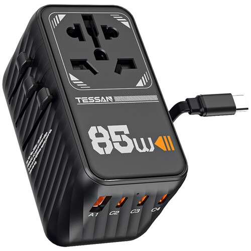 Tessan 6-in-1 AC/USB Universal Travel Adapter with Retractable USB-C Cable