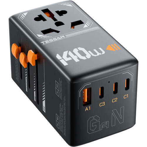 Tessan Universal GaN Travel Adapter with 1 AC Outlet, 1 USB-A & 3 USB-C Ports (140W)