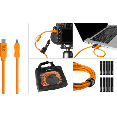 Tether Tools Starter Tethering Kit with USB 2.0 Type-C to Mini-B 8-Pin Cable (15', Orange)