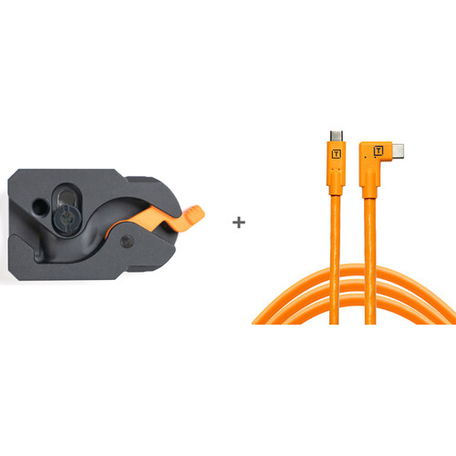 Tether Tools TetherGuard LeverLock Plate & TetherPro USB-C to Right-Angle USB-C Cable Kit (15', High-Visibility Orange)