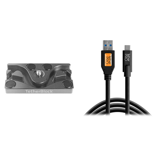 Tether Tools TetherPro USB Cable with TetherBLOCK Mounting Plate Kit (USB Type-C Male to USB 3.0 Type-A Male, Black)