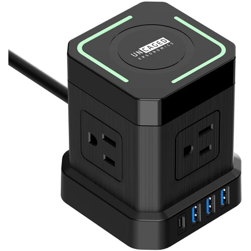 Uncaged Ergonomics Cube Wireless Charger Surge Protector Power Strip with USB Ports (Black)