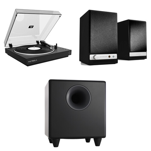 Victrola Automatic Three-Speed Turntable with Audioengine HD3 Speakers and S8 Subwoofer Kit (Black)