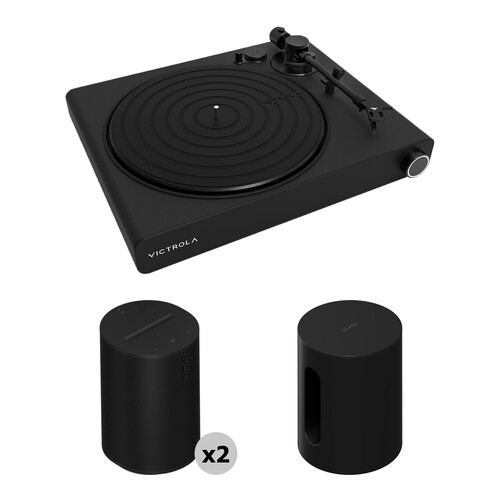 Victrola Stream Onyx Turntable with a Pair of Black Sonos ERA 100s and Sonos Sub Kit