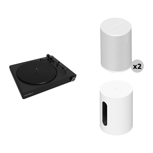 Victrola Stream Onyx Turntable with a Pair of White Sonos ERA 100s and Sonos Sub Kit