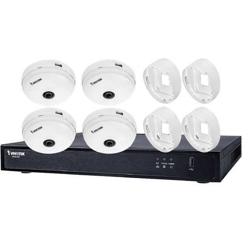 Vivotek 8-Channel 4K UHD NVR with 2TB HDD, 4 5MP Fisheye Cameras & 4 AM-216 Wall Mounts Kit