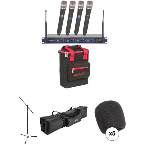 VocoPro UHF-5800-10 PRO 4-Channel Wireless Handheld Microphone System with Stands and Bag Kit (913.3 to 925.8 MHz)