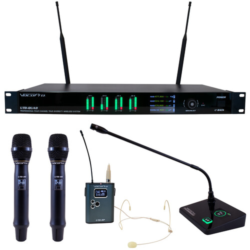 VocoPro UTD-QUAD-WORSHIP 4-Channel Wireless System with 1 Headset, 1 Gooseneck & 2 Handheld Microphones (500 MHz)