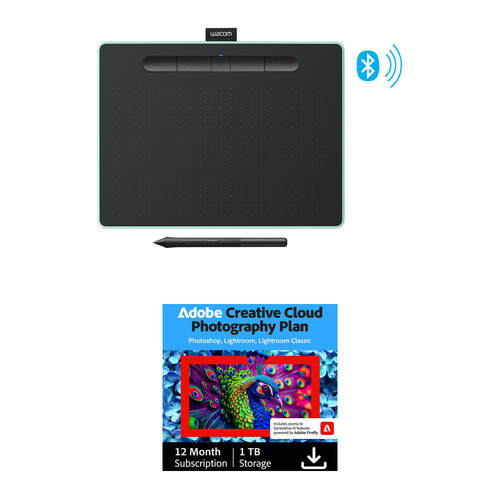Wacom Intuos Bluetooth Creative Pen Tablet & Adobe Creative Cloud Photography Plan Kit (Medium, Pistachio Green, 12-Month Subscription)