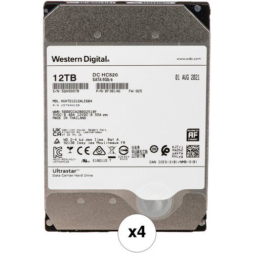 WD 12TB Ultrastar 7200 rpm SATA 3.5" Internal Data Center HDD Kit (4-Pack, Retail)