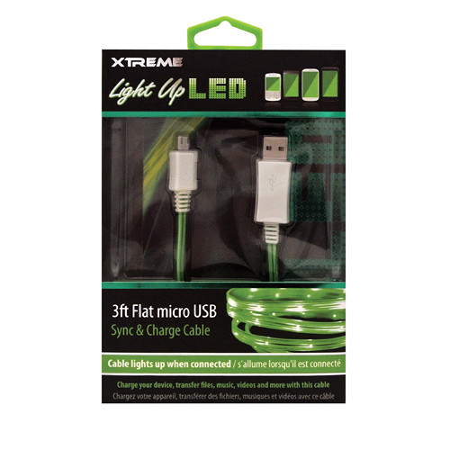 Xtreme Cables Micro-USB Light Up LED Sync and Charge Cable (Green, 3')