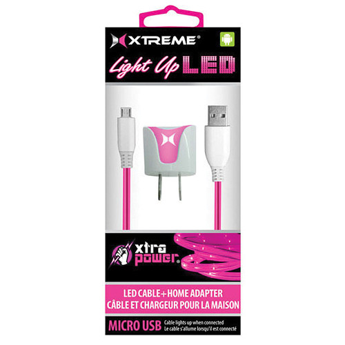 Xtreme Cables USB Wall Charger with 3' Light-Up LED Micro-USB Cable (Pink)