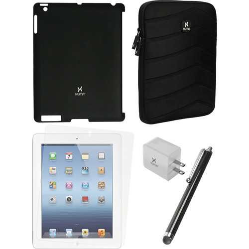 Xuma Smart Cover Compatible Black Snap-on Case, Black Neoprene Sleeve, Screen Protector & Black Stylus Kit for iPad 2nd, 3rd, 4th Gen