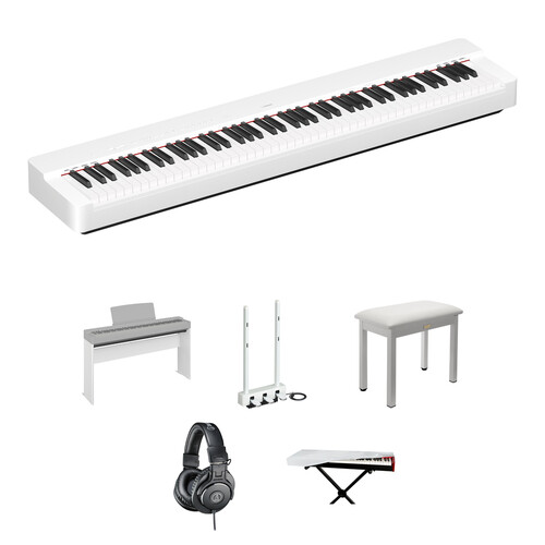 Yamaha P-225 88-Key Portable Digital Piano Kit with Furniture Stand, 3-Pedal Unit, Bench, and Headphones (White)