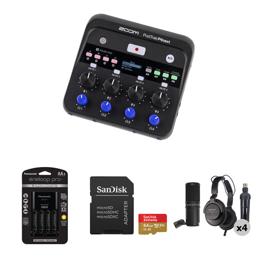 Zoom PodTrak P4next Portable Multitrack Podcast Recorder with 4-Person Podcast Kit