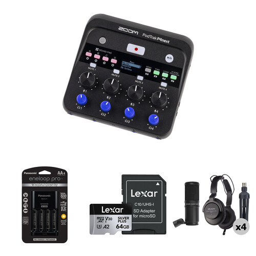 Zoom PodTrak P4next Portable Multitrack Podcast Recorder with 4-Person Podcast Kit