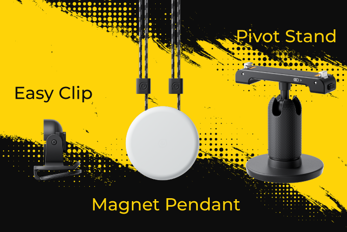 Accessories; easy clip, magnet pendant, & pivot stand Accessories; easy clip, magnet pendant, & pivot stand