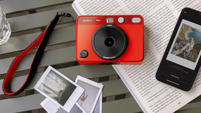 Leica SOFORT 2 Hybrid Instant Cameras are available in red, black, and white.