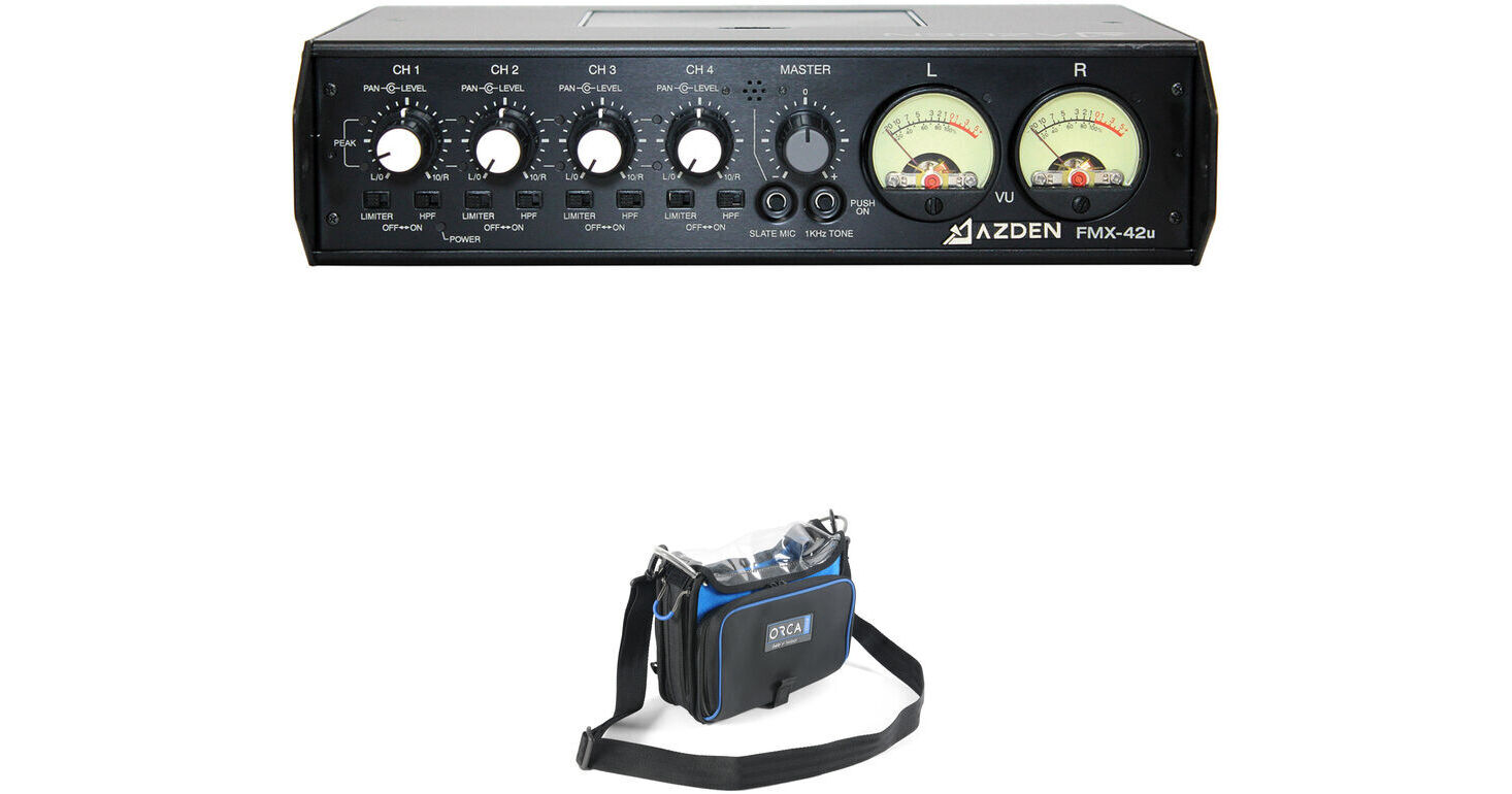Azden FMX-42u 4-Channel Microphone Field Mixer Kit with Sound