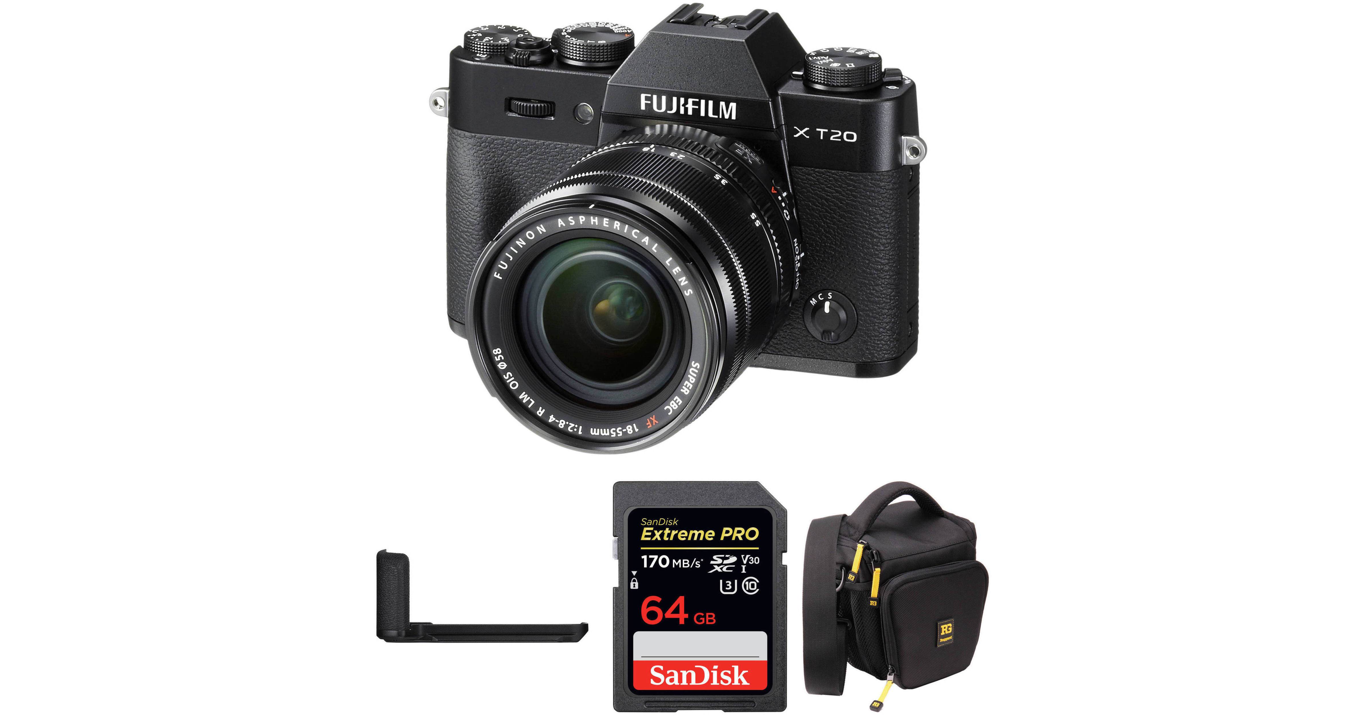 FUJIFILM X-T20 Mirrorless Camera with XF 18-55mm Lens, Grip, and