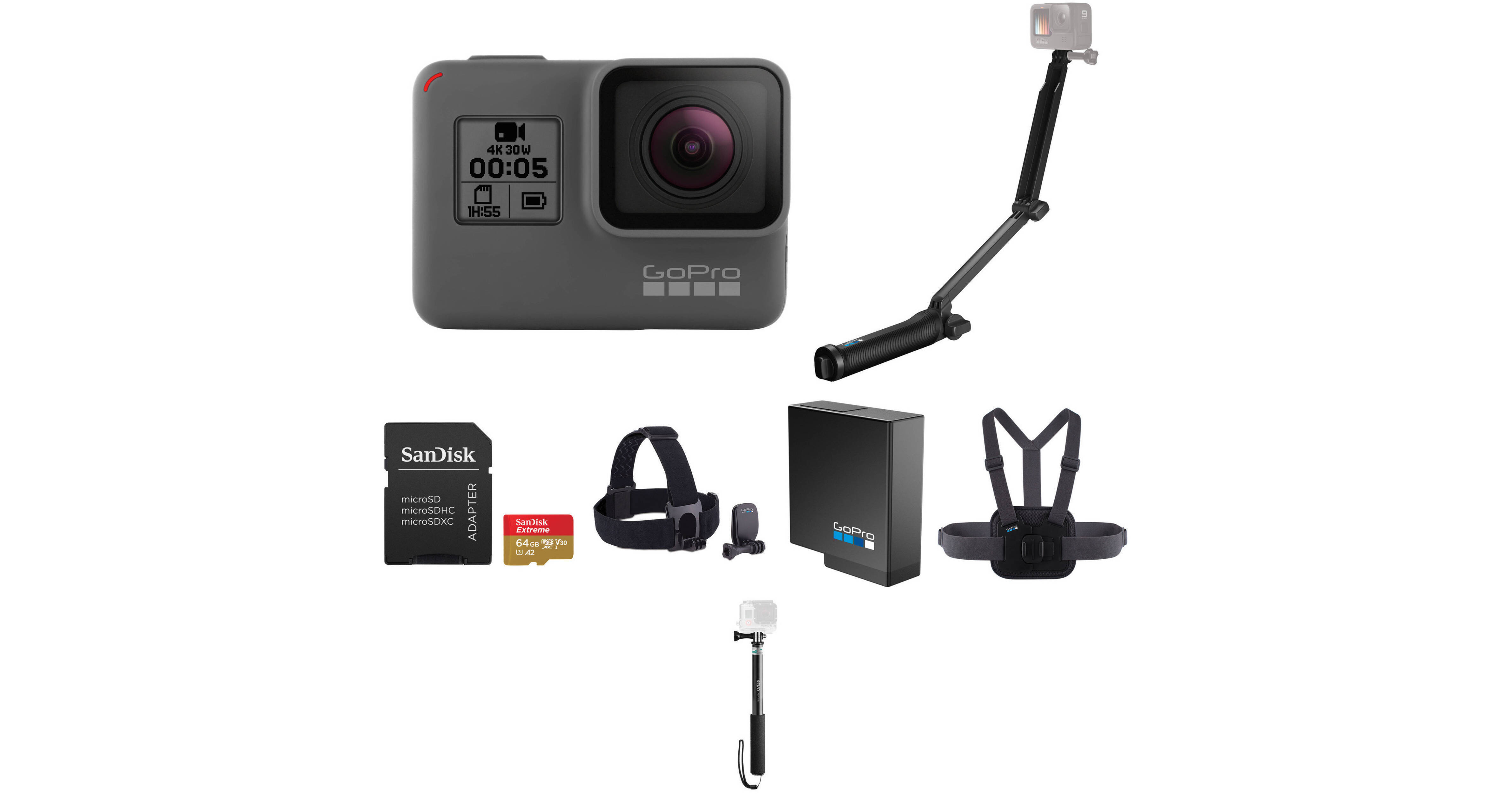 GoPro HERO5 Black Kit with Head Strap, Chesty, Selfie Stick,