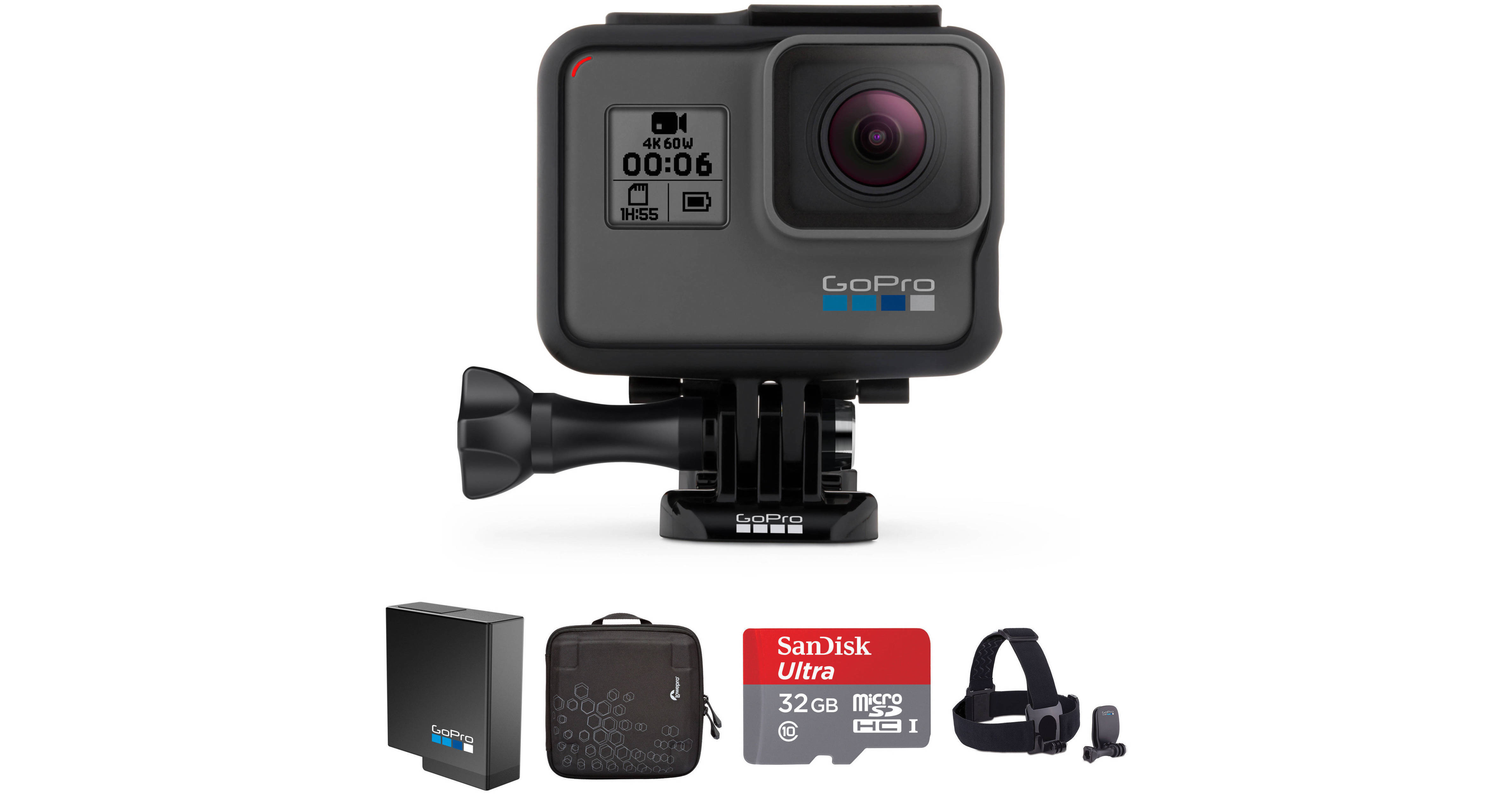 GoPro HERO6 Black Kit with Head Strap, Extra Battery, Zipper