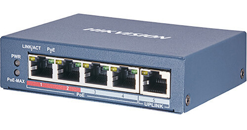 HIKVISION 4-poorts POE-switch – 10/100M Ongemanaged, 1 Uplinkpoort, 802.3af/at – DS-3E0105P-EM